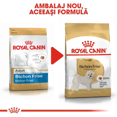 Comparare ambalaj vechi și nou Royal Canin Adult Bichon Frise, text vizibil: „AMBALAJ NOU, ACEEAȘI FORMULĂ” și detalii despre produs pe ambele pungi.