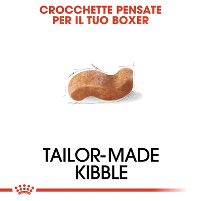 Testo: Crocchette pensate per il tuo Boxer. Immagine di una crocchetta sagomata. Testo in inglese: Tailor-made kibble.