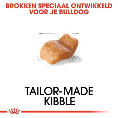 Brokken speciaal ontwikkeld voor je bulldog. Tailor-made kibble. Afbeelding van een enkele brok met schetslijnen eromheen.