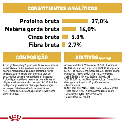 Constituintes analíticos: proteína bruta 27 %, matéria gorda bruta 14 %, cinza bruta 5,8 %, fibra bruta 2,7 %. Composição e aditivos detalhados para alimento de animal.