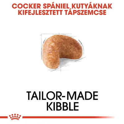 Cocker spániel kutyáknak kifejlesztett tápszemcse. Tailor-made kibble felirat angolul is látható.