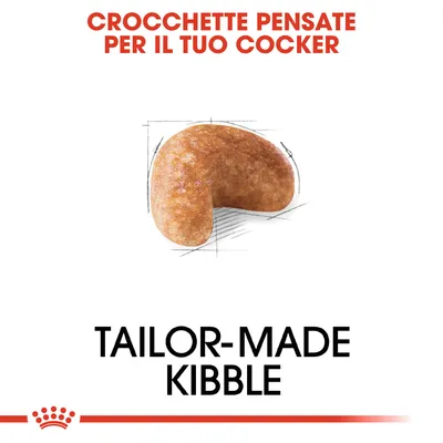 Testo: Crocchette pensate per il tuo Cocker. Immagine di una crocchetta sagomata. Testo in inglese: Tailor-made kibble.