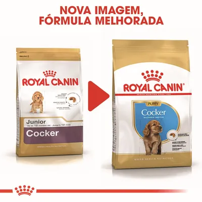 Comparação de embalagens Royal Canin Cocker para cachorro: à esquerda 'Junior', à direita 'Puppy'. Texto visível: 'Nova imagem, fórmula melhorada'. Comparação de embalagens Royal Canin Cocker para cachorro: à esquerda 'Junior', à direita 'Puppy'. Texto visível: 'Nova imagem, fórmula melhorada'.