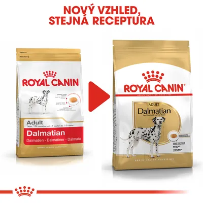Porovnání starého a nového obalu krmiva Royal Canin Adult Dalmatian s textem: Nový vzhled, stejná receptura. Oba obaly zobrazují dalmatina a misku granulí.