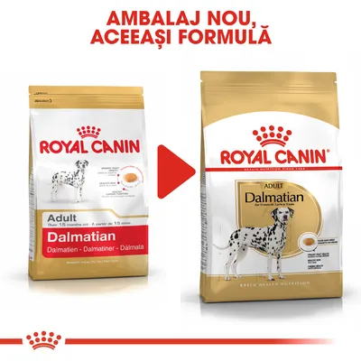 Comparare ambalaje hrană uscată pentru câini Royal Canin Adult Dalmatian, text vizibil: „Ambalaj nou, aceeași formulă”. Imagine cu două pungi și un Dalmațian pe fiecare.