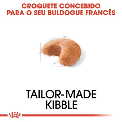 Texto: 'CROQUETE CONCEBIDO PARA O SEU BULDOGUE FRANCÊS'. Imagem de um croquete. Texto em inglês: 'TAILOR-MADE KIBBLE'. Marca Royal Canin visível.