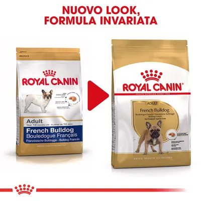 Confronto tra due confezioni di crocchette Royal Canin Adult French Bulldog, vecchio e nuovo look. Testo in alto: 'Nuovo look, formula invariata'.