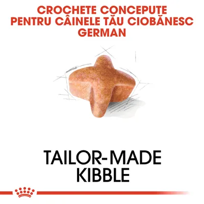 CROCHETE CONCEPUTE PENTRU CÂINELE TĂU CIOBĂNESC GERMAN. TAILOR-MADE KIBBLE. Imagine cu o croșetă de hrană uscată pentru câini, formă specială.