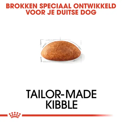 Brokken speciaal ontwikkeld voor je Duitse Dog. TAILOR-MADE KIBBLE. Afbeelding van een enkele brok hondenvoer.
