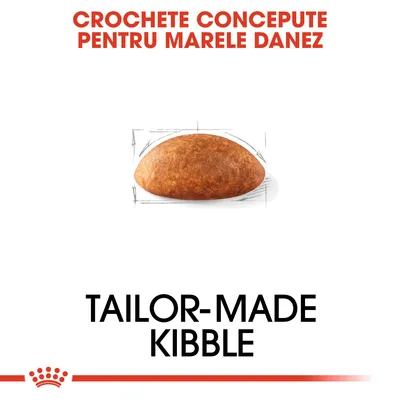 Crochete concepute pentru Marele Danez. Tailor-made kibble. Imagine cu o croșetă de hrană uscată pentru câini, formă rotundă, text în română și engleză.