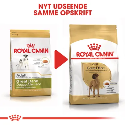 ROYAL CANIN Adult Great Dane hundefoder, to poser med forskelligt design. Tekst øverst: NYT UDSEENDE SAMME OPSKRIFT. Synlig tekst på begge poser: Great Dane, Dogue Allemand, Deutsche Dogge.