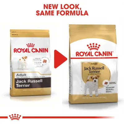 Royal Canin Jack Russell Terrier Adult -koiranruokapakkausten ulkoasu muuttuu, koostumus pysyy samana. Kuvassa vanha ja uusi pakkaus vierekkäin.