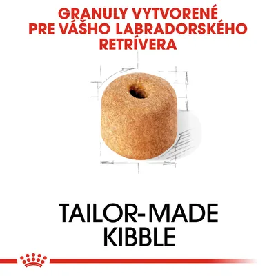 Granuly vytvorené pre vášho labradorského retrívera. TAILOR-MADE KIBBLE. Zobrazená jedna granula s otvorom v strede.