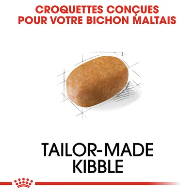 Texte : Croquettes conçues pour votre Bichon Maltais. Image d'une croquette. Texte en anglais : Tailor-made kibble.