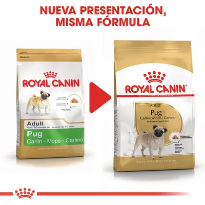 Comparación de dos envases de Royal Canin Adult Pug Carlin/Mops/Carlino con texto: 'Nueva presentación, misma fórmula'. Ambos muestran imagen de un carlino y detalles del producto.