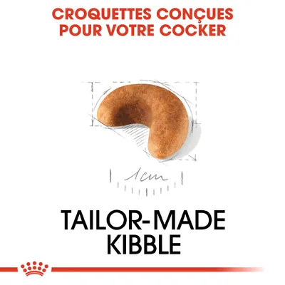 Croquettes conçues pour votre Cocker, forme de croquette illustrée avec indication 1 cm, texte en anglais : Tailor-made kibble