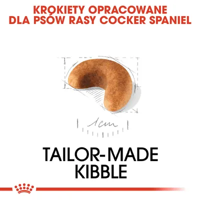 KROKIETY OPRACOWANE DLA PSÓW RASY COCKER SPANIEL, ilustracja krokieta o długości 1 cm, napis: TAILOR-MADE KIBBLE