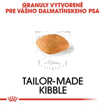 Granuly vytvorené pre dalmatínskeho psa, veľkosť 1 cm. Text: TAILOR-MADE KIBBLE.