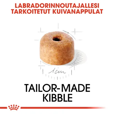 Labradorinnoutajalle tarkoitetut kuivanappulat, nappulan koko noin 1 cm. Teksti: TAILOR-MADE KIBBLE.