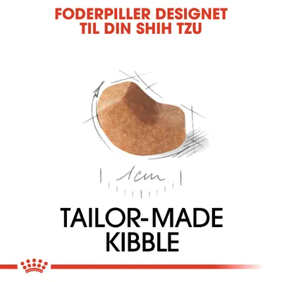 Foderpiller designet til din Shih Tzu. Billede af en foderpille med tekst: Tailor-made kibble. Størrelsesangivelse: 1 cm.
