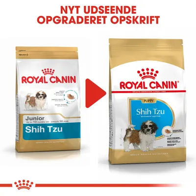 Royal Canin Shih Tzu Junior og Puppy hundefoderposer med teksten 'NYT UDSEENDE OPGRADERET OPSKRIFT' samt synlig ændring af emballagedesign.