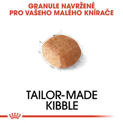 Granule navržené pro vašeho malého knírače. TAILOR-MADE KIBBLE. Zobrazení jedné granule s nákresem.