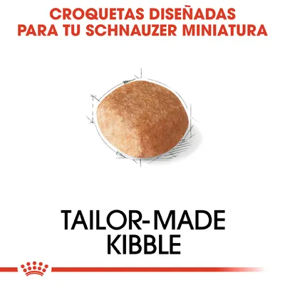 Croquetas diseñadas para tu Schnauzer miniatura. Texto en inglés: tailor-made kibble. Imagen de una croqueta individual sobre fondo blanco.