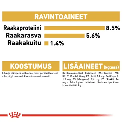 Ravintoaineet: raakaproteiini 8,5 %, raakarasva 5,6 %, raakakuitu 1,4 %. Koostumus: liha- ja eläinperäiset tuotteet, kasvipohjaiset tuotteet, viljat, öljyt, kivennäisaineet, sokerit. Lisäaineet näkyvissä.