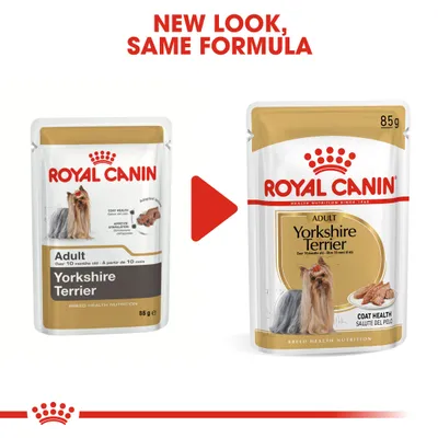 Royal Canin Adult Yorkshire Terrier 85 g märkäruoan pakkausuudistus: vasemmalla vanha, oikealla uusi ulkoasu. Ylhäällä teksti 'NEW LOOK, SAME FORMULA'.