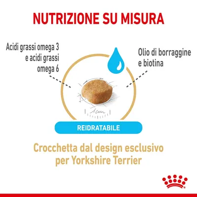 Crocchetta reidratabile per Yorkshire Terrier, con acidi grassi omega 3 e 6, olio di borragine e biotina. Testo: Nutrizione su misura, design esclusivo.