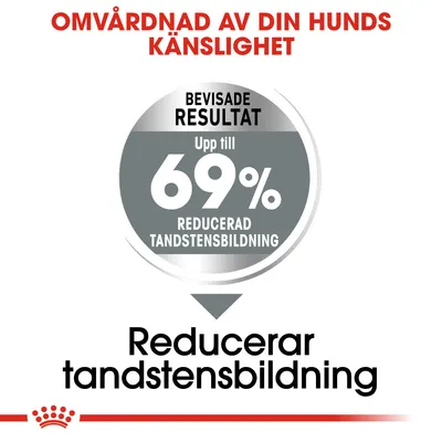 Omvårdnad av din hunds känslighet. Bevisade resultat: upp till 69 % reducerad tandstensbildning. Reducerar tandstensbildning.