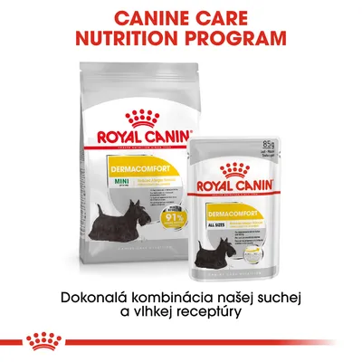 Royal Canin Dermacomfort MINI suché krmivo a Dermacomfort ALL SIZES mokré krmivo pre psov. Text: Dokonalá kombinácia našej suchej a vlhkej receptúry.