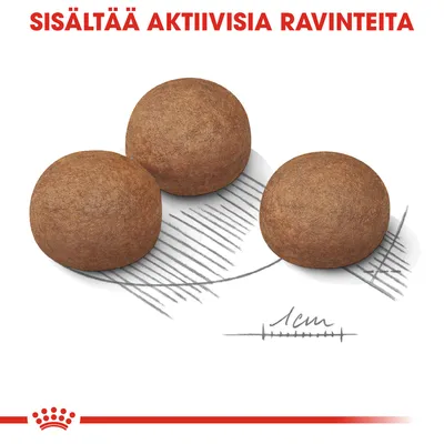 Kolme pyöreää ruskeaa nappulaa, taustalla mittaviiva 1 cm. Ylhäällä teksti: SISÄLTÄÄ AKTIIVISIA RAVINTEITA.