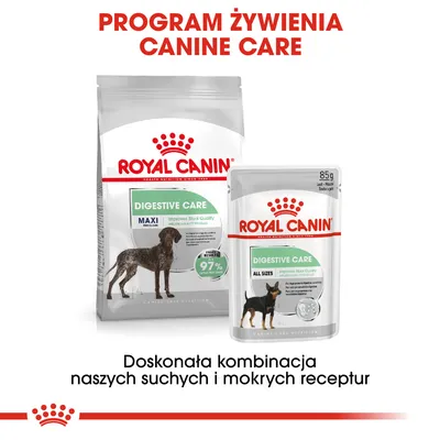 ROYAL CANIN DIGESTIVE CARE MAXI karma sucha i mokra, opakowania z widocznymi psami. Napis: Doskonała kombinacja naszych suchych i mokrych receptur.