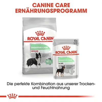 Royal Canin Digestive Care pour chiens, croquettes Medium et sachet 85 g All Sizes. Texte en allemand : Canine Care Ernährungsprogramm. Texte en bas en allemand.