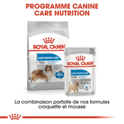 Royal Canin Light Weight Care croquettes MAXI et sachet mousse ALL SIZES, -35 % de matières grasses, 85 g. Texte : Programme Canine Care Nutrition, combinaison parfaite croquette et mousse.