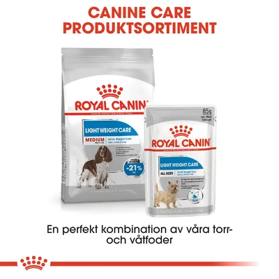 Royal Canin Light Weight Care Medium torrfoderpåse och Light Weight Care All Sizes våtfoder 85 g. Text: Canine Care produktsortiment. En perfekt kombination av våra torr- och våtfoder.