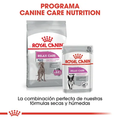 Royal Canin Relax Care Maxi pienso seco y Relax Care All Sizes comida húmeda para perros. Texto: Programa Canine Care Nutrition. La combinación perfecta de nuestras fórmulas secas y húmedas.