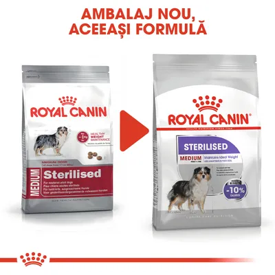 Comparare ambalaje Royal Canin Sterilised Medium pentru câini adulți sterilizați; text vizibil: „AMBALAJ NOU, ACEEAȘI FORMULĂ”, reducere calorii -10% pe noul ambalaj.