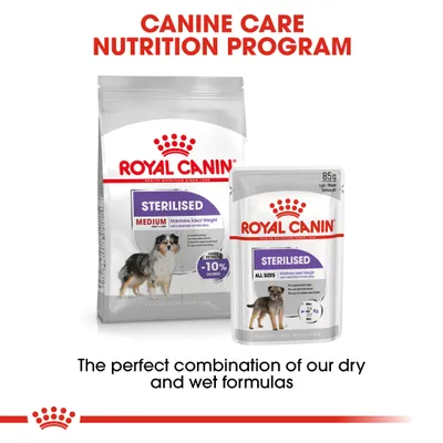 Sterilised dry and wet food formulas shown with text: 'Canine Care Nutrition Program' and 'The perfect combination of our dry and wet formulas'.