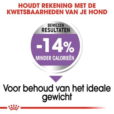 Houdt rekening met de kwetsbaarheden van je hond. Bewezen resultaten: -14% minder calorieën. Voor behoud van het ideale gewicht.