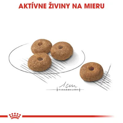 Štyri granule s otvorom uprostred, priemer 1 cm. Text hore: AKTÍVNE ŽIVINY NA MIERU.