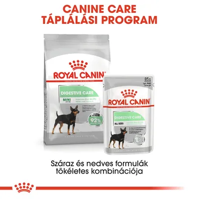 Royal Canin Digestive Care száraz és nedves kutyaeledel csomagolás, felirat: Száraz és nedves formulák tökéletes kombinációja. Canine Care Táplálási Program.