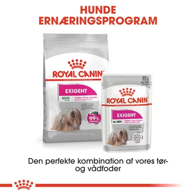Royal Canin Exigent tørfoder og vådfoder til hunde. Tekst: Hunde ernæringsprogram, den perfekte kombination af vores tør- og vådfoder. 99% preferred. 85 g.