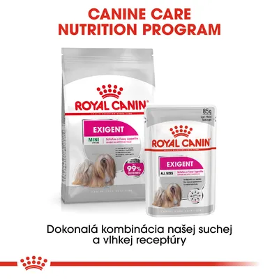 Royal Canin Exigent MINI suché krmivo a Exigent ALL SIZES mokré krmivo pre psov, 85 g. Text: Dokonalá kombinácia našej suchej a vlhkej receptúry.