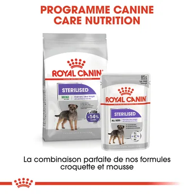 Royal Canin Sterilised Mini croquettes et sachet Sterilised All Sizes 85 g, texte : Programme Canine Care Nutrition, la combinaison parfaite de nos formules croquette et mousse