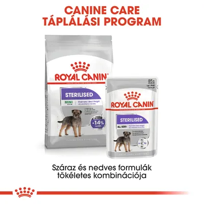 Royal Canin Sterilised kutyatáp száraz és nedves változatban, -14% kalória, 85 g. Száraz és nedves formulák tökéletes kombinációja. CANINE CARE TÁPLÁLÁSI PROGRAM.