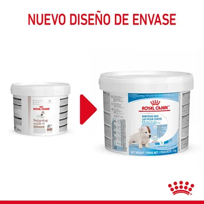 Comparación de envases antiguos y nuevos de Royal Canin Babydog Milk, con texto 'Nuevo diseño de envase' en la parte superior. Ambos botes muestran información nutricional visible.