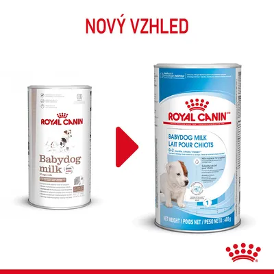 ROYAL CANIN Babydog milk – změna vzhledu obalu, vlevo starý bílý design, vpravo nový modrobílý design s textem BABYDOG MILK LAIT POUR CHIOTS 0–2 months, hmotnost 400 g.