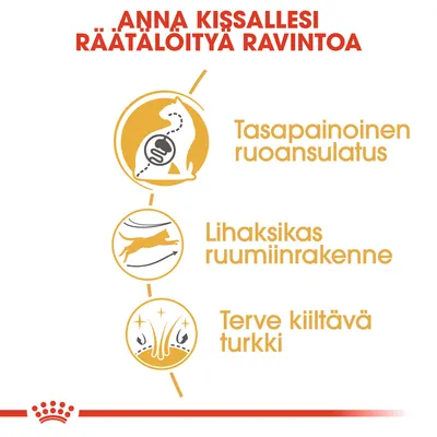 Anna kissallesi räätälöityä ravintoa. Tasapainoinen ruoansulatus, lihaksikas ruumiinrakenne, terve kiiltävä turkki.